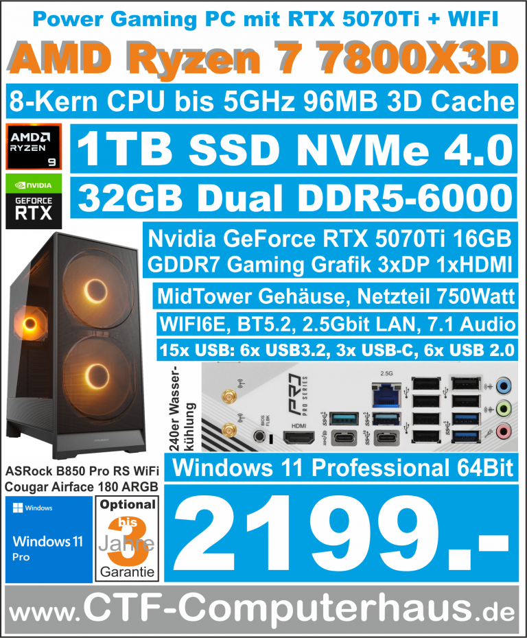 PCS AMD Ryzen 7 7800X3D ASRock B850 Pro RS WIFI ssd1TBnvme 32G W11pro RTX5070Ti16GB