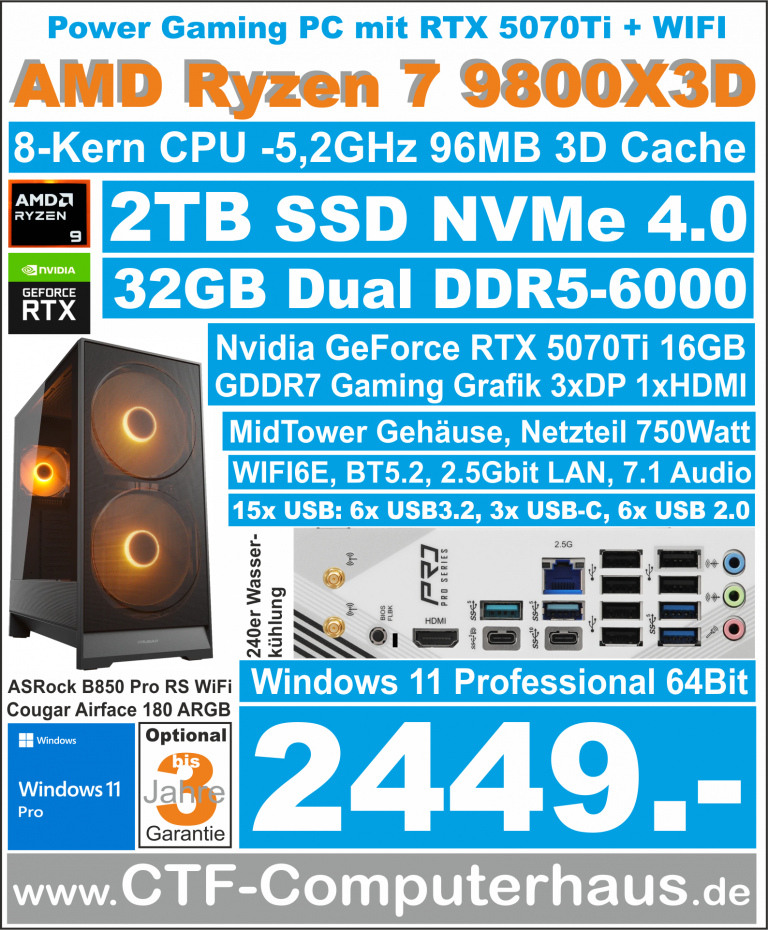 PCS AMD Ryzen 7 9800X3D ASRock B850 Pro RS WIFI ssd2TBnvme 32G W11pro RTX5070Ti16GB